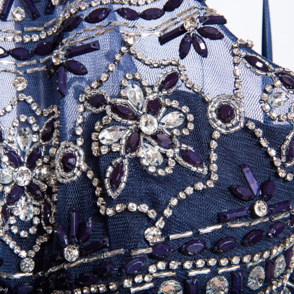 Coya Long Beaded Formal Blue Halter High Neck Keyhole Dress NWT $329 XS - Picture 8 of 14